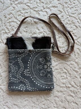 Myra Small Crossbody Up-cycled Cowhide Heavy-Duty Boho Gray Brown Bag